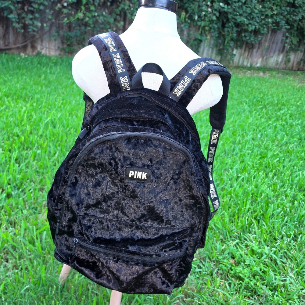 Victoria's Secret PINK Black Crushed Velvet Backpack Logo Straps Bag